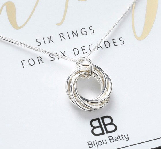 60th Birthday Gift, Silver 60th Necklace, 60th Birthday Gift for Women, 6 Silver Rings, 60th Anniversary Gift, Six Rings, Russian Rings