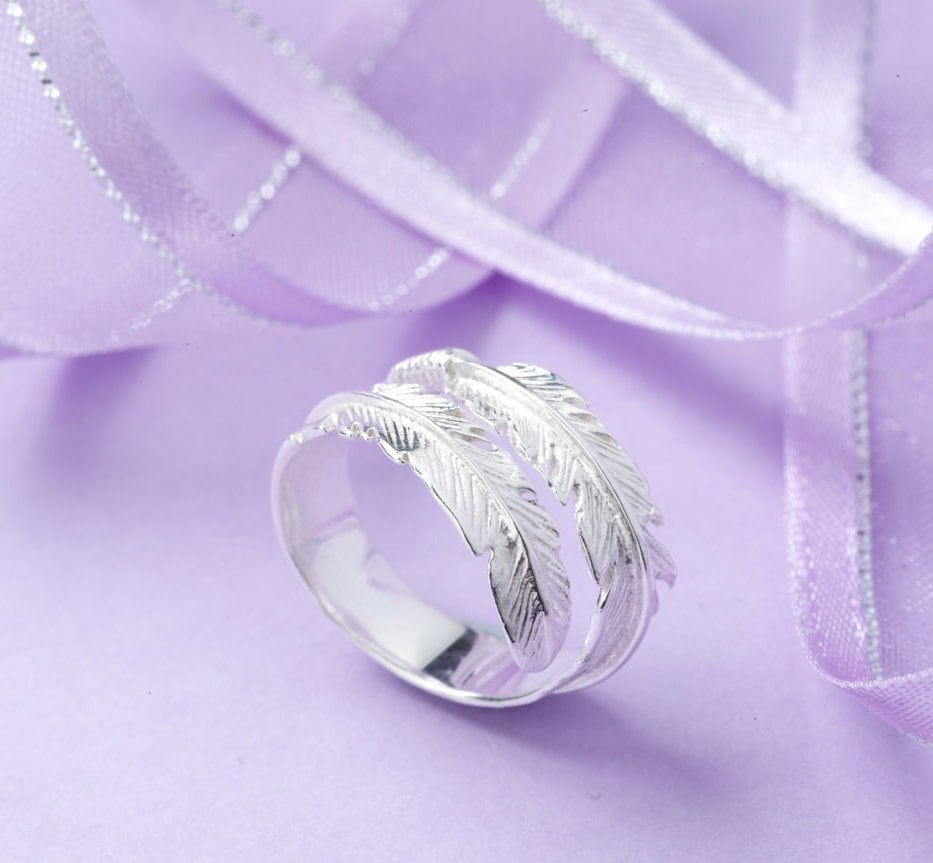 Adjustable Solid Silver Feather Ring