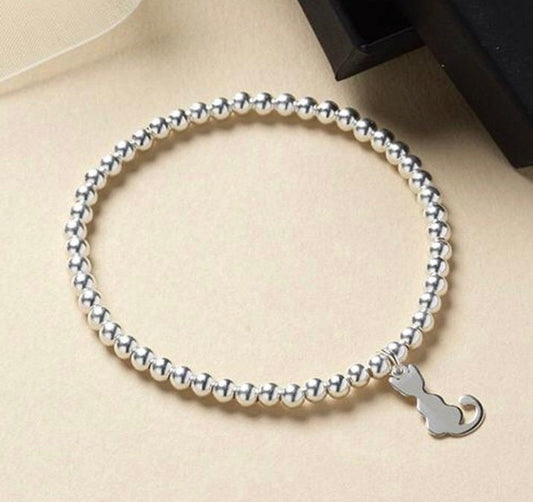 Feline Charm Sterling Silver Cat Bracelet - Handcrafted in UK with Silver Beads - Perfect Gift for Cat Lovers, Cat Bracelet