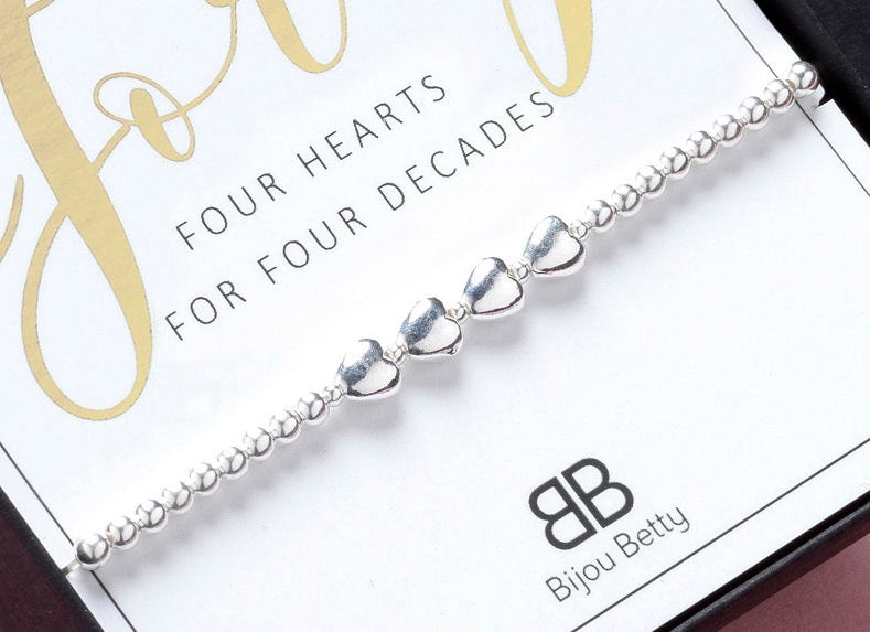 40th Birthday Gift Silver Bracelet | Four Heart Decades Gift for Mum, Sister, Daughter, Niece or Friend