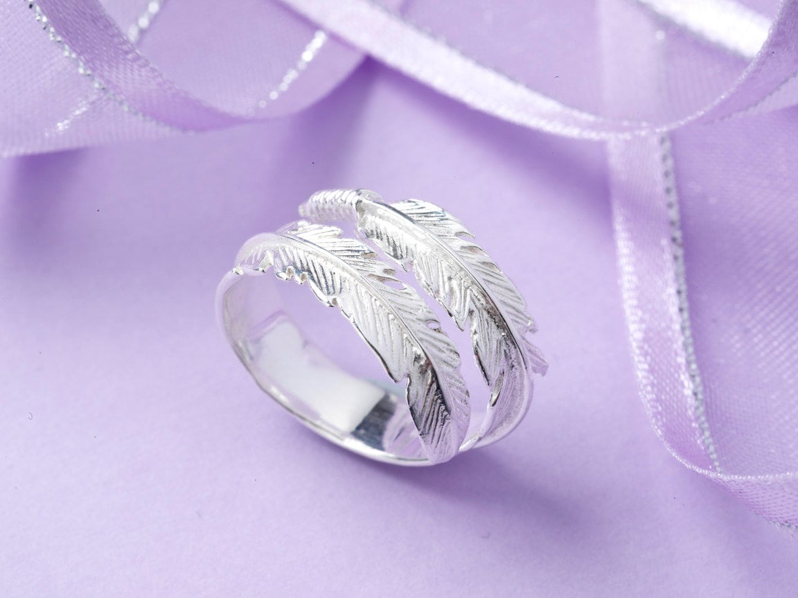 Adjustable Solid Silver Feather Ring