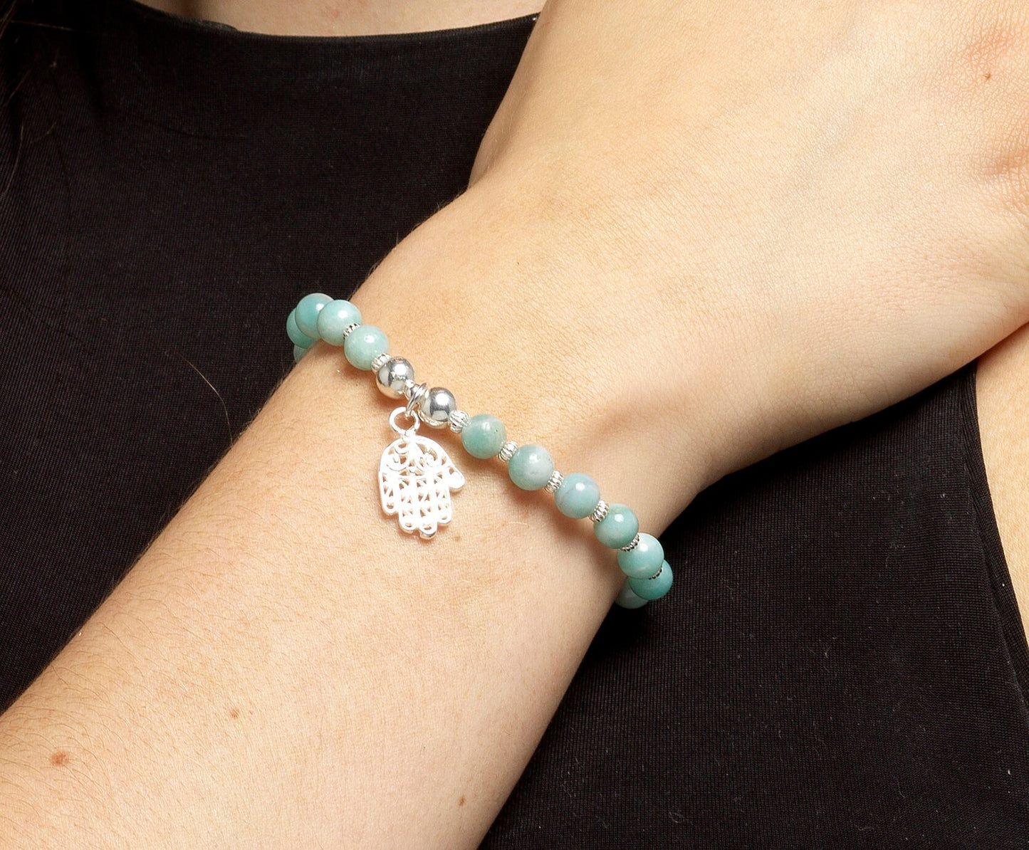 Amazonite & Sterling Silver Hamsa Bracelet - Gemstone Bracelet