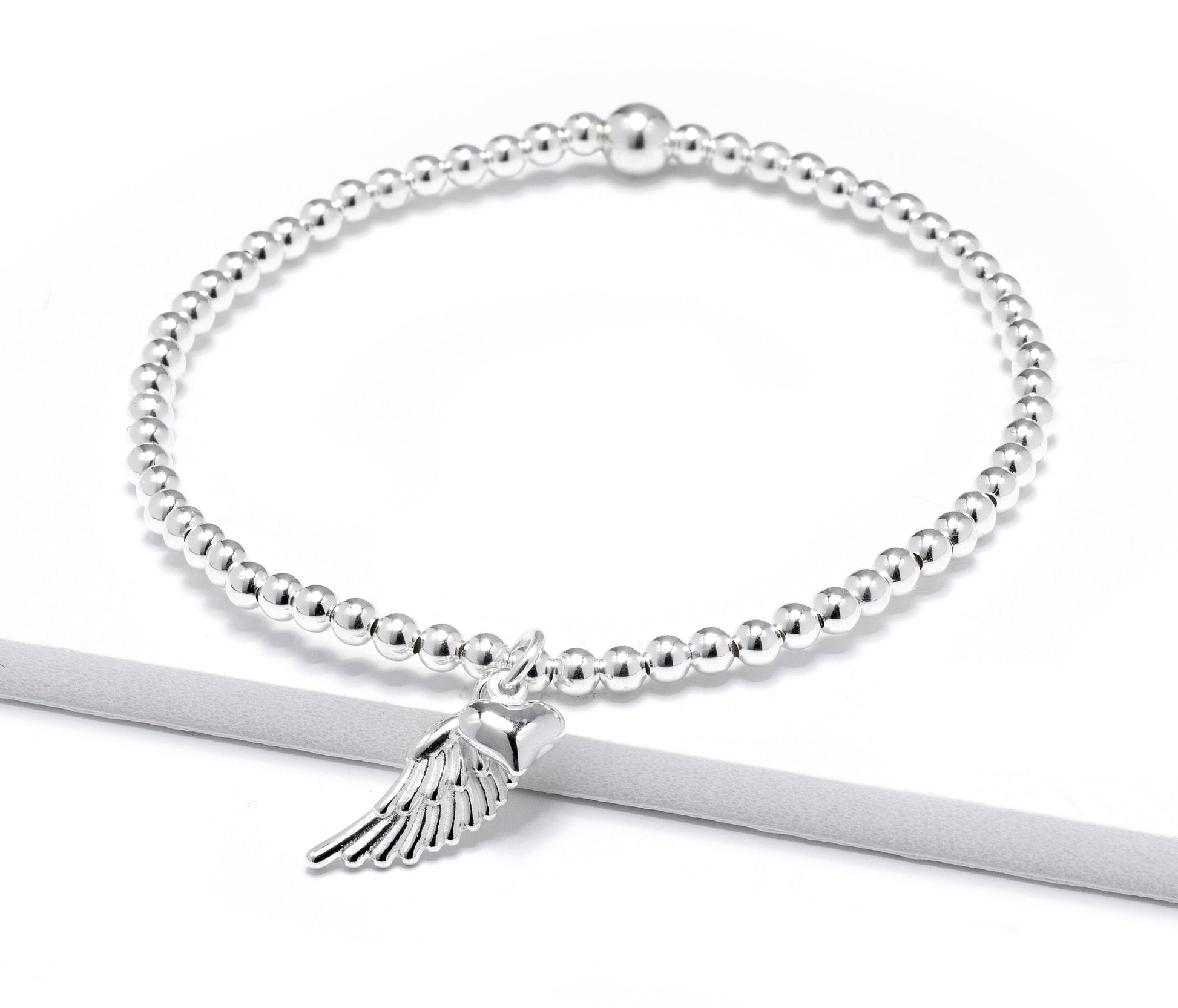 Sterling Silver Angel Wing Bracelet | Elegant Stretch Bracelet for Women | Heart & Feather Charm Gift | Birthdays, Christmas, Sympathy Gift