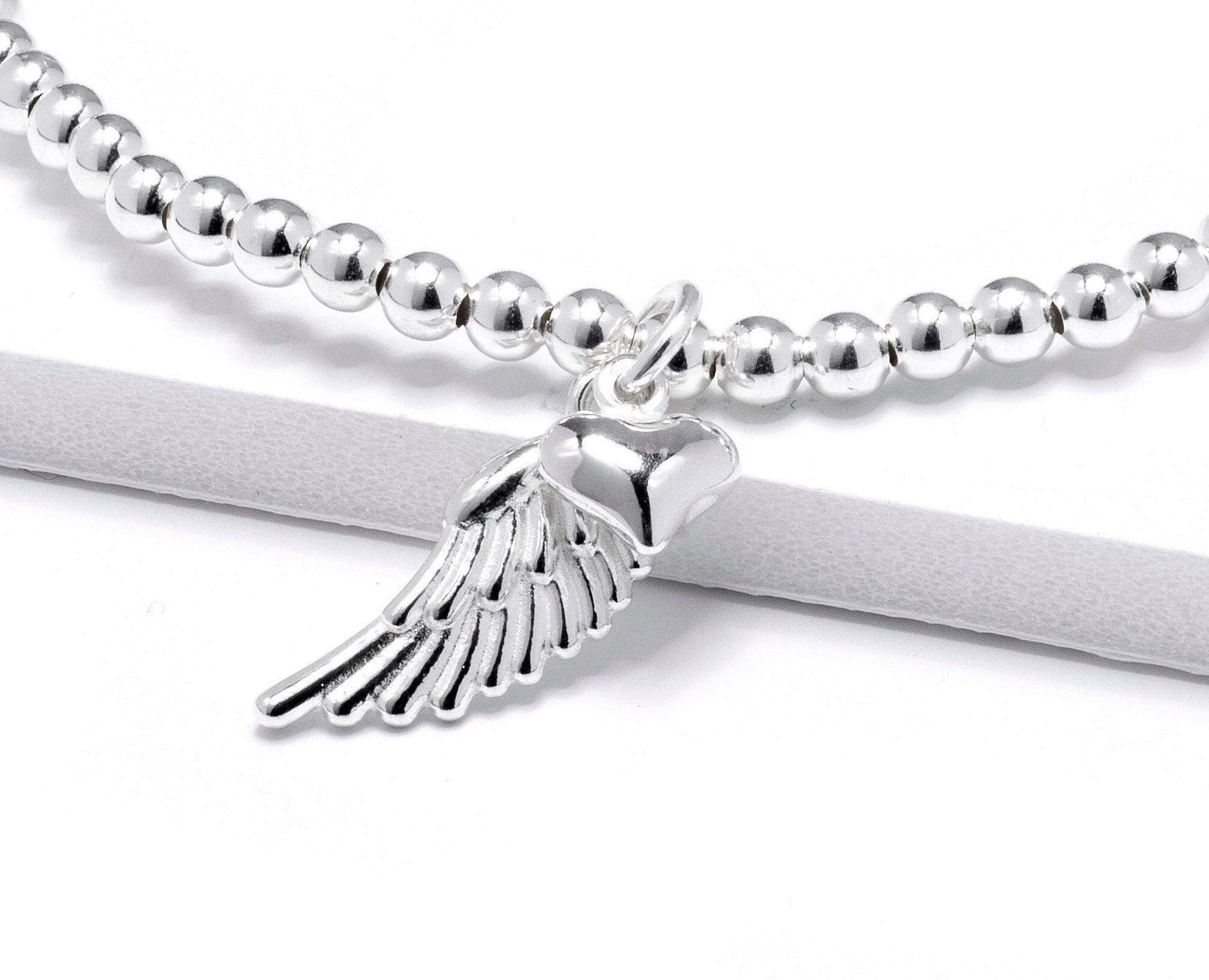 Sterling Silver Angel Wing Bracelet | Elegant Stretch Bracelet for Women | Heart & Feather Charm Gift | Birthdays, Christmas, Sympathy Gift