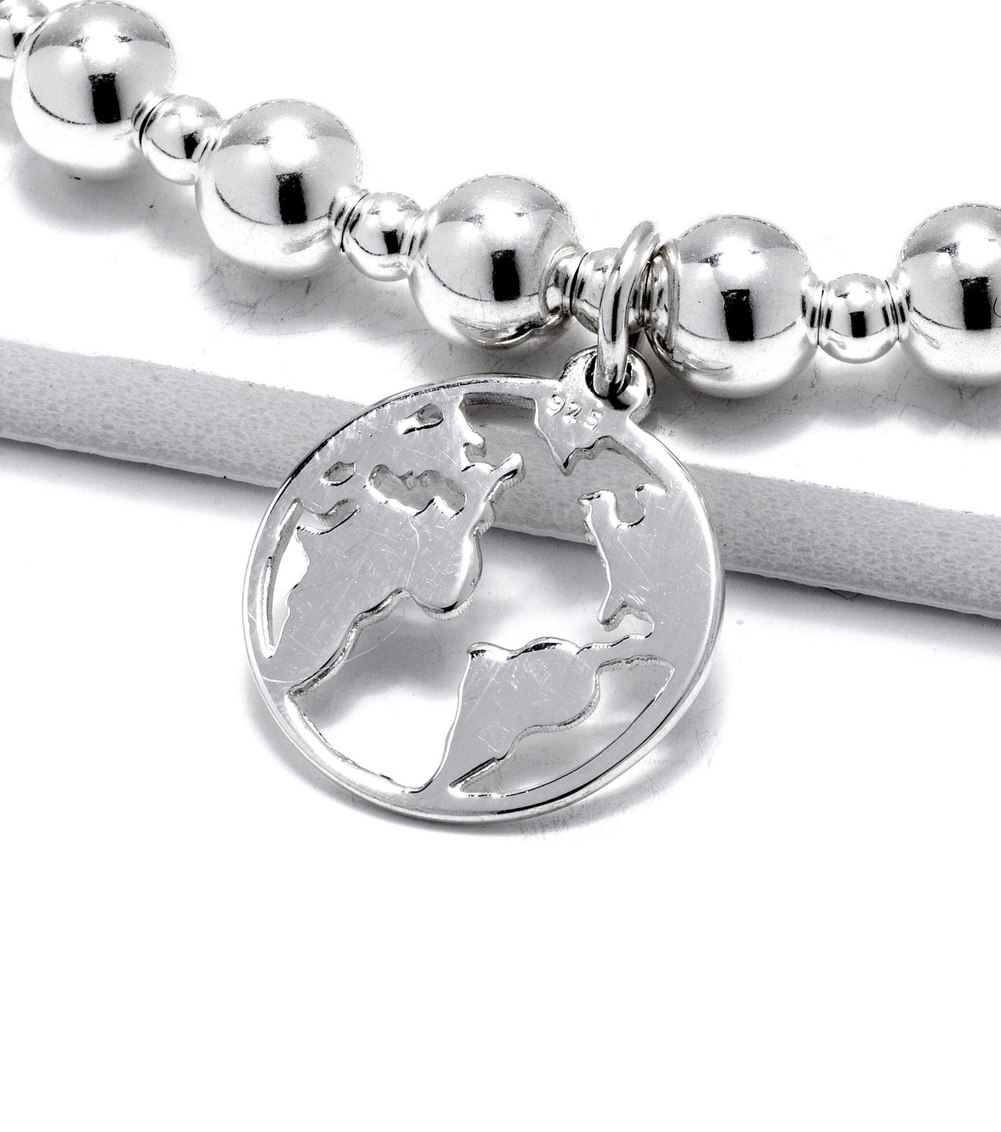 Silver Bead World Map Bracelet - Handmade Stacking Bracelet for Travellers