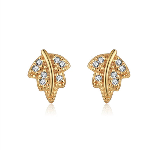 14K Gold Plated Leaf Stud Earrings with Cubic Zirconia Stones - Nature Inspired - Tiny Gold Leaves Earrings - Everyday Earrings