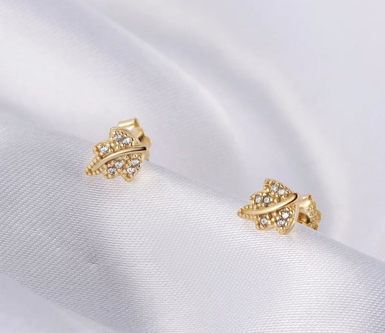 14K Gold Plated Leaf Stud Earrings with Cubic Zirconia Stones - Nature Inspired - Tiny Gold Leaves Earrings - Everyday Earrings