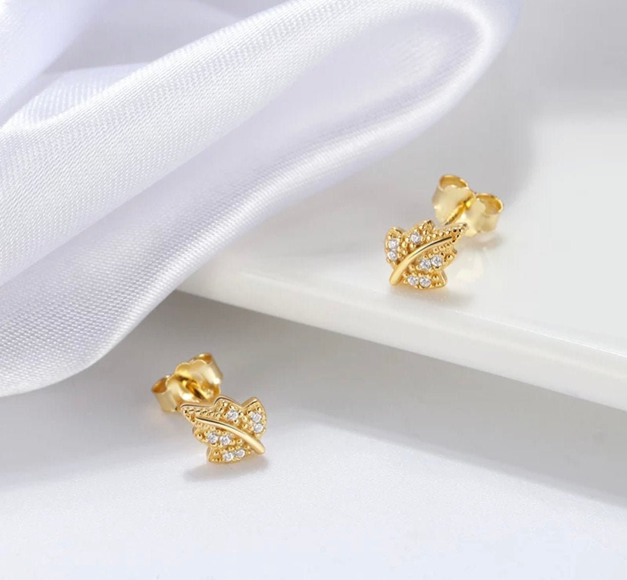 14K Gold Plated Leaf Stud Earrings with Cubic Zirconia Stones - Nature Inspired - Tiny Gold Leaves Earrings - Everyday Earrings