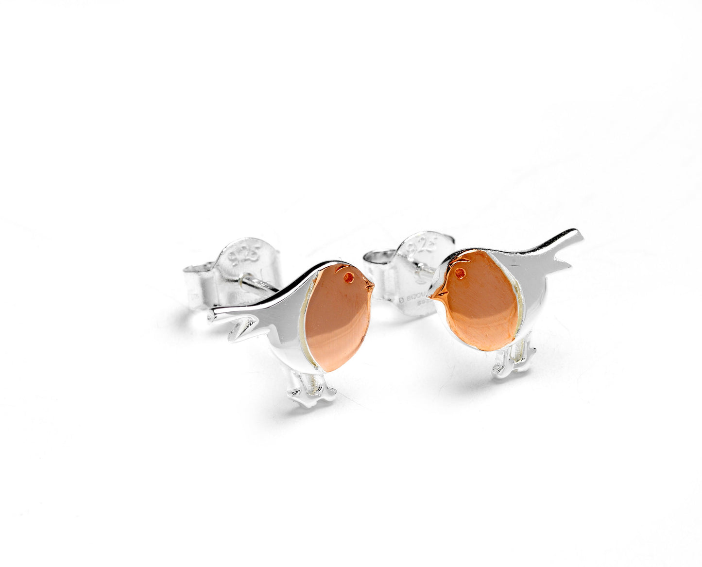 Sterling Silver Robin Stud Earrings | Rose Gold Bird Jewelry Gift for Nature Lovers