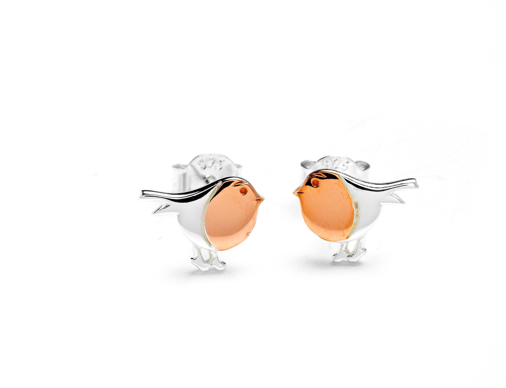 Sterling Silver Robin Stud Earrings | Rose Gold Bird Jewelry Gift for Nature Lovers