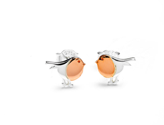 Sterling Silver Robin Stud Earrings | Rose Gold Bird Jewelry Gift for Nature Lovers