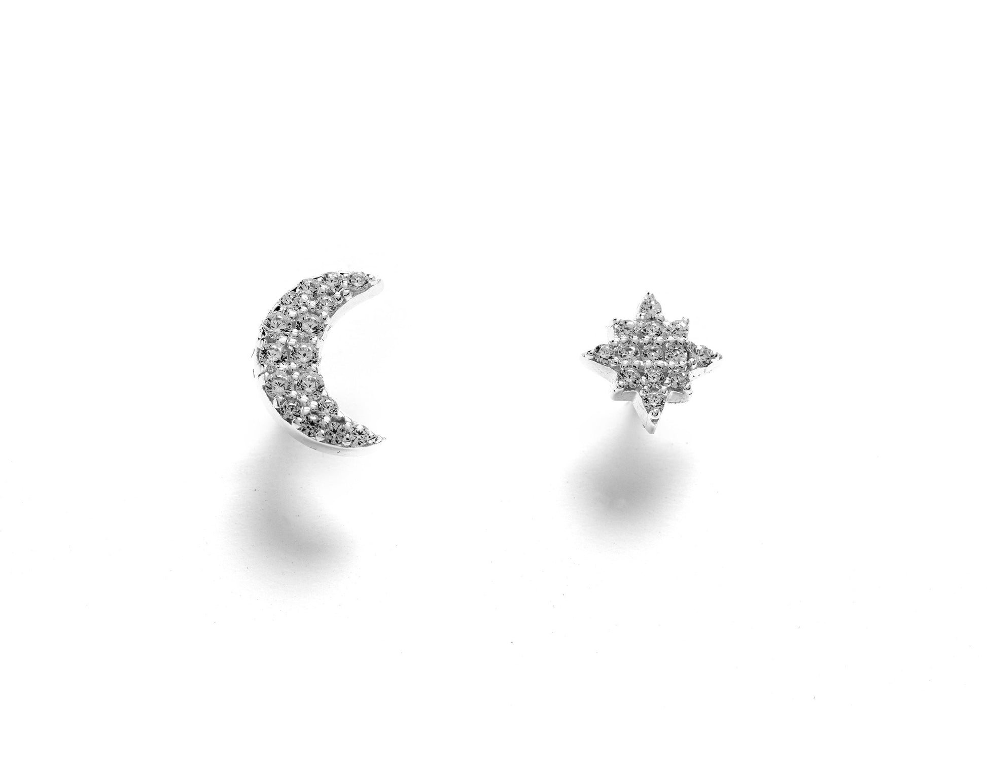 Celestial Moon and Star Stud Earrings with Cubic Zirconia - Available in 4 Finishes