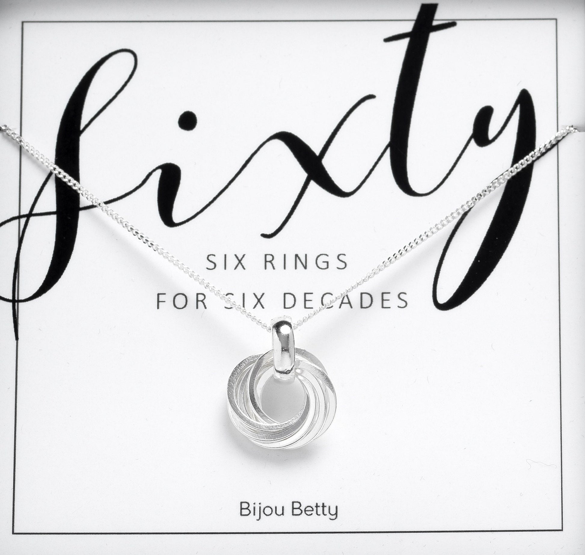 60th Birthday Gifts for Women Jewellery, 925 Sterling Silver 6 Rings Necklace, 60 Birthday Gifts for Mum Best Friends, 6 Rings for 6 Decades