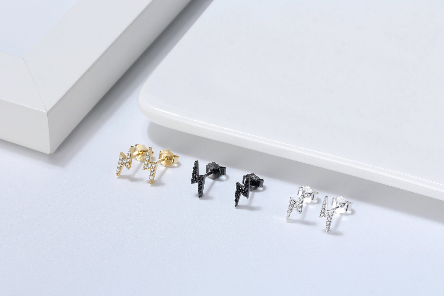 Lightening Bolt Stud Earrings in Sterling Silver, Silver, Gold or Black Delicate CZ Stacking Earrings