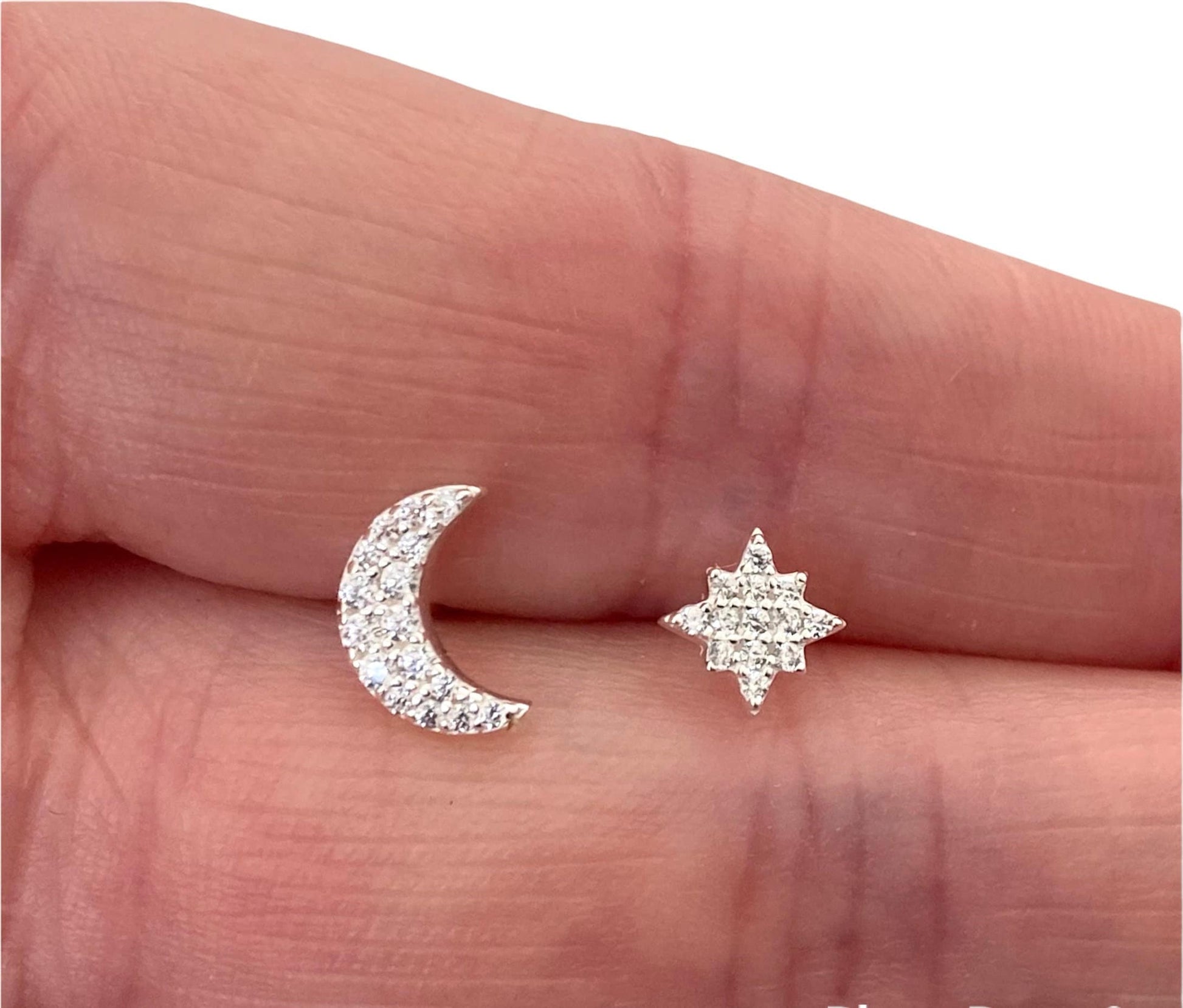 Celestial Moon and Star Stud Earrings with Cubic Zirconia - Available in 4 Finishes