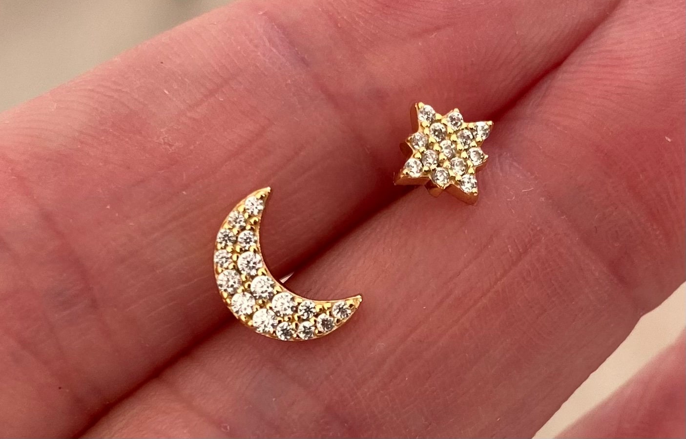 Celestial Moon and Star Stud Earrings with Cubic Zirconia - Available in 4 Finishes