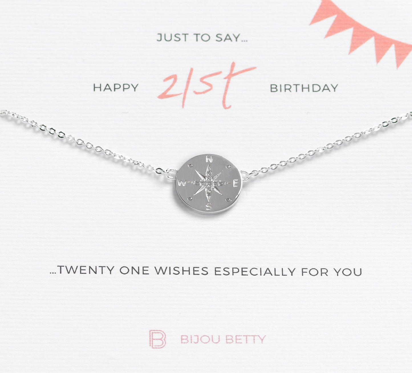 21st Birthday Gift - Sterling Silver Compass Necklace with Cubic Zirconia