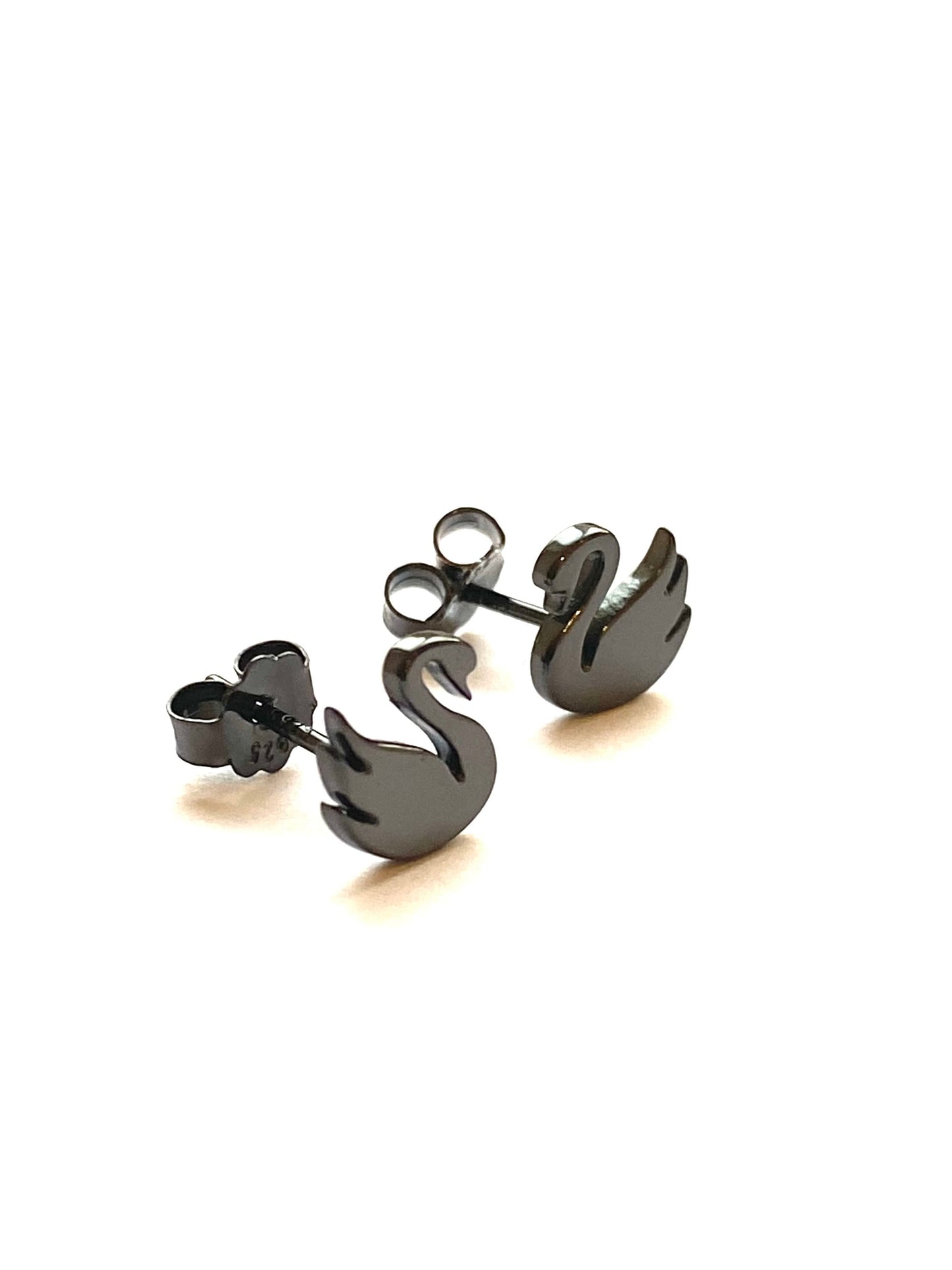 Black Swan Stud Earrings in Solid Sterling Silver with Black Plating. Swan Studs. Bird Earrings.