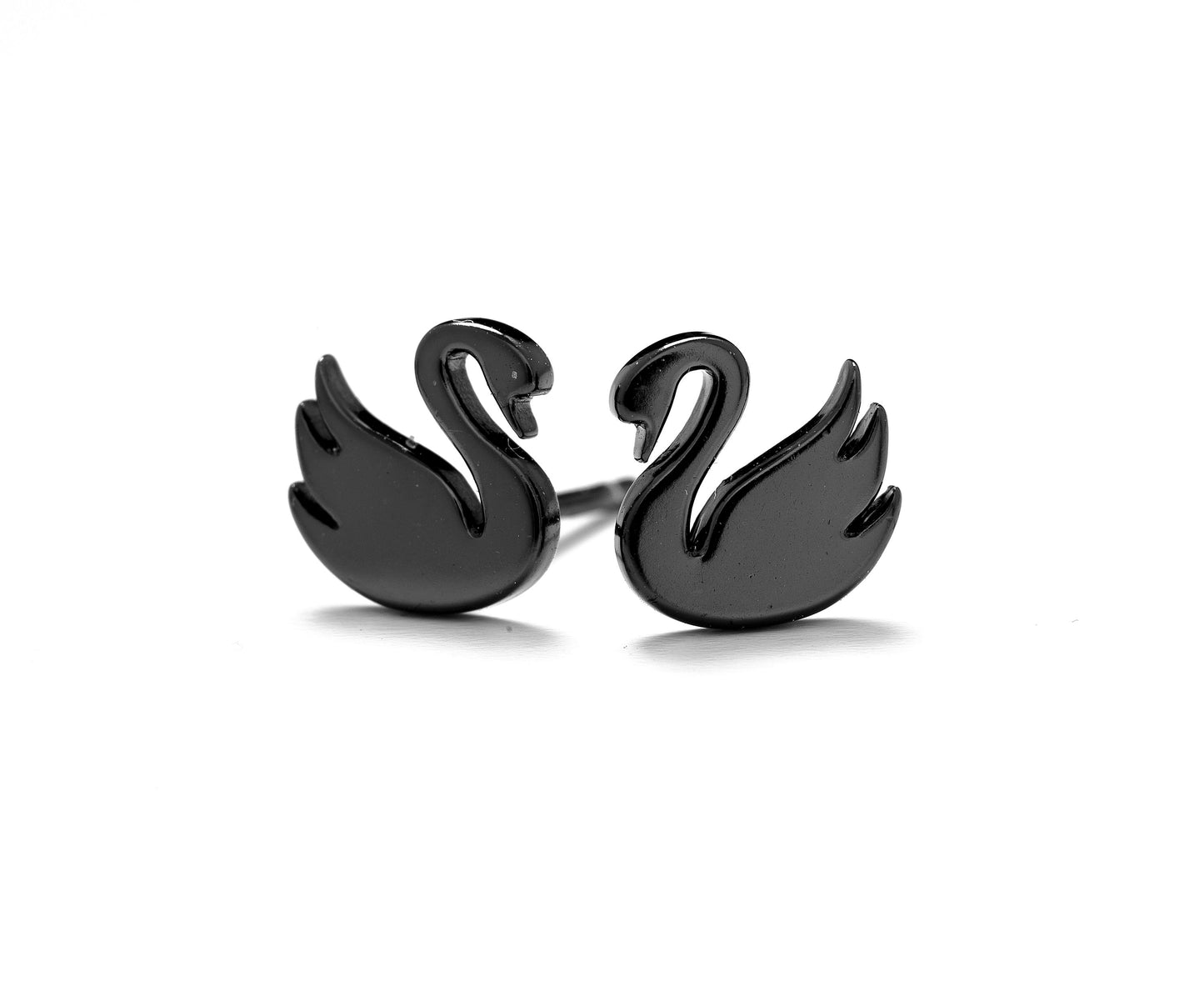 Black Swan Stud Earrings in Solid Sterling Silver with Black Plating. Swan Studs. Bird Earrings.