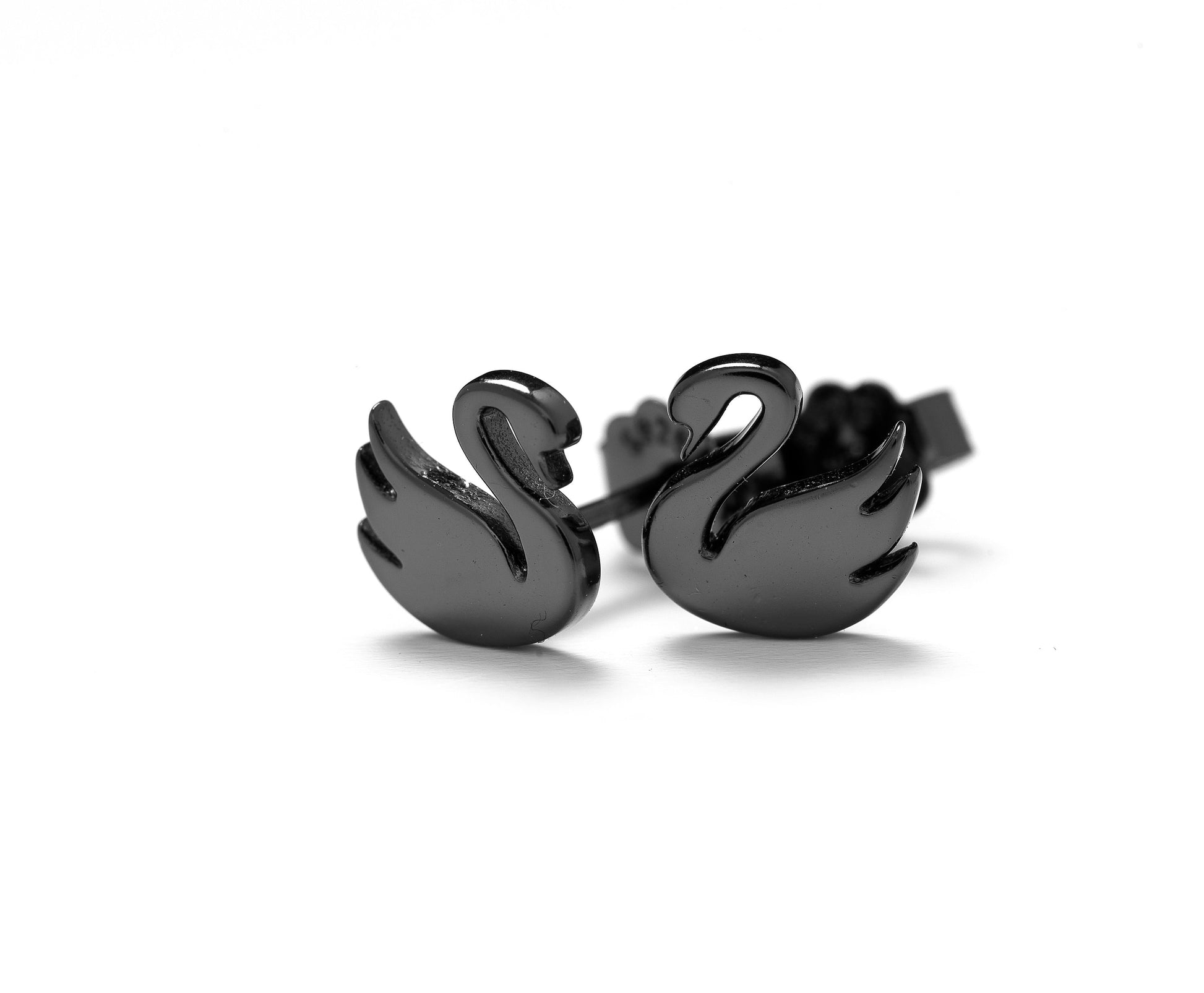 Black Swan Stud Earrings in Solid Sterling Silver with Black Plating. Swan Studs. Bird Earrings.