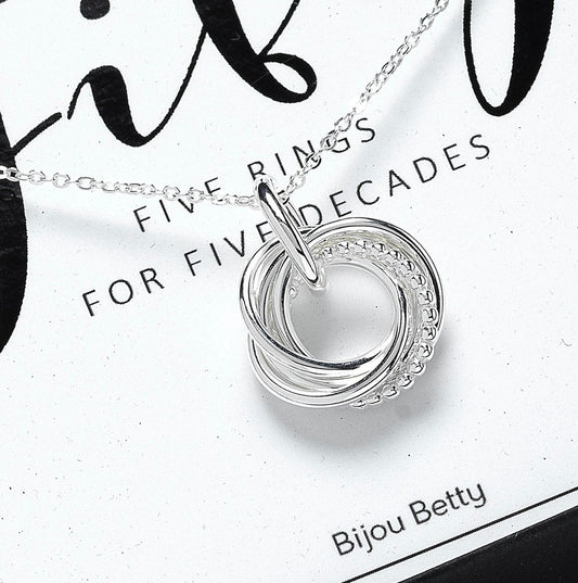 Sterling Silver 5 Ring Decades Necklace | 50th Birthday Gift for Mum, Sister, Friend, Wife | Birthday Jewellery