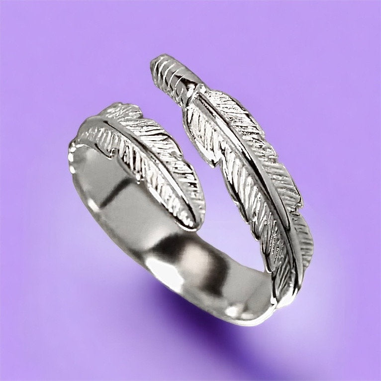 Adjustable Solid Silver Feather Ring