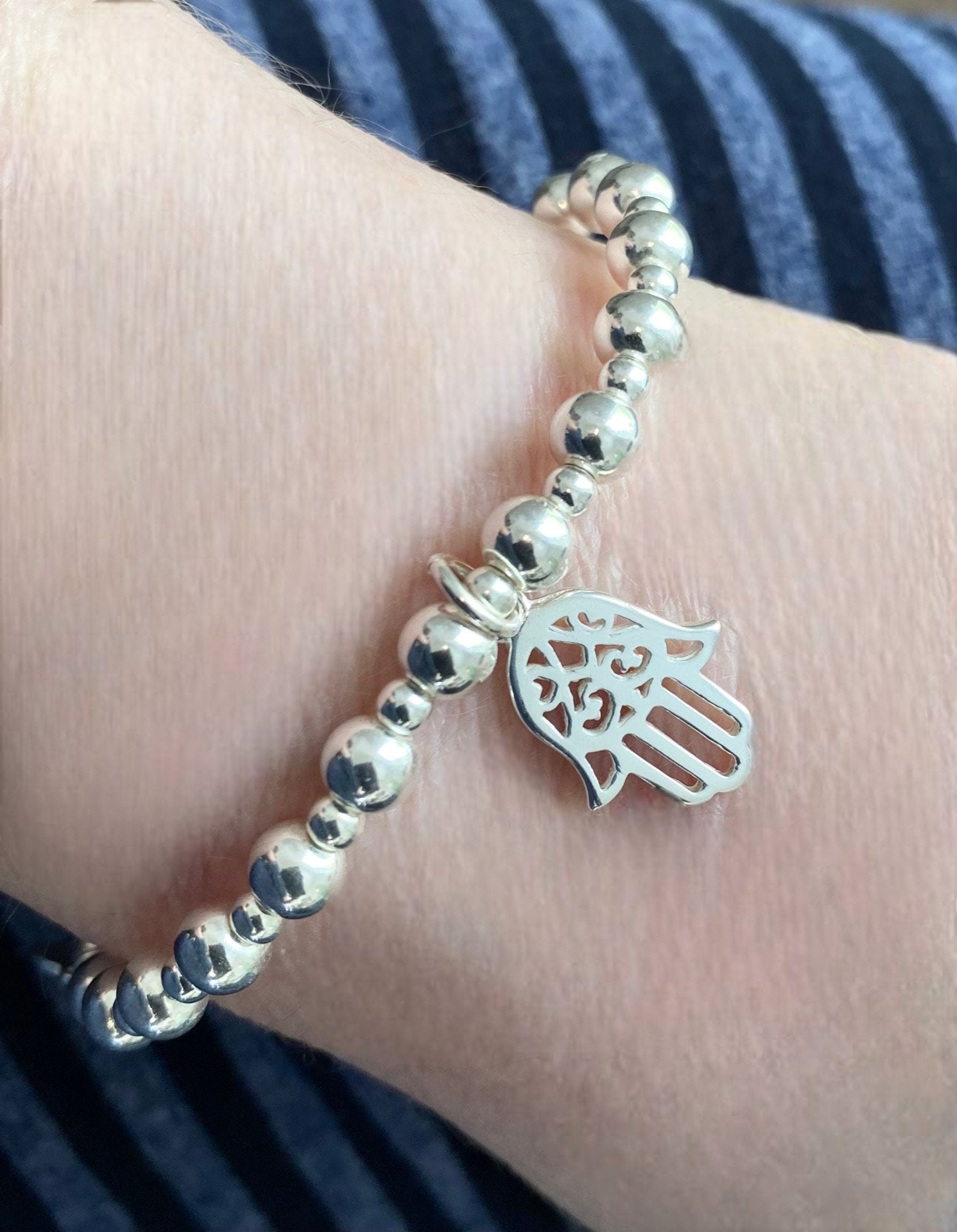 Sterling Silver Hamsa Bracelet - Sterling Silver Bead Bracelet, Stacking Bracelet, Stretch Bead Bracelet, Hand of Fatima, Gift For Her