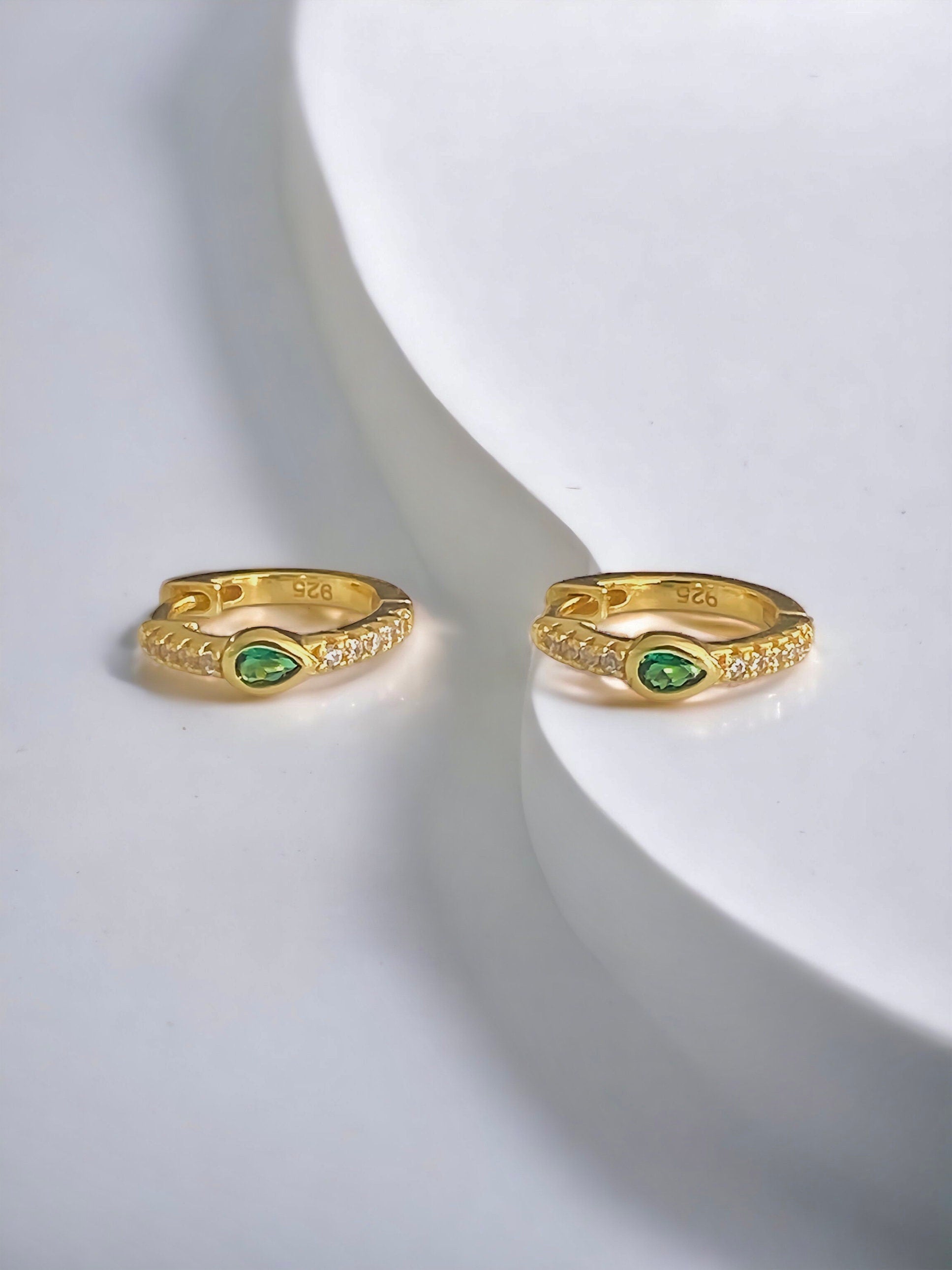 Emerald CZ Huggie Hoop Earrings 14k Gold Plated Sterling Silver - Stacking PAIR