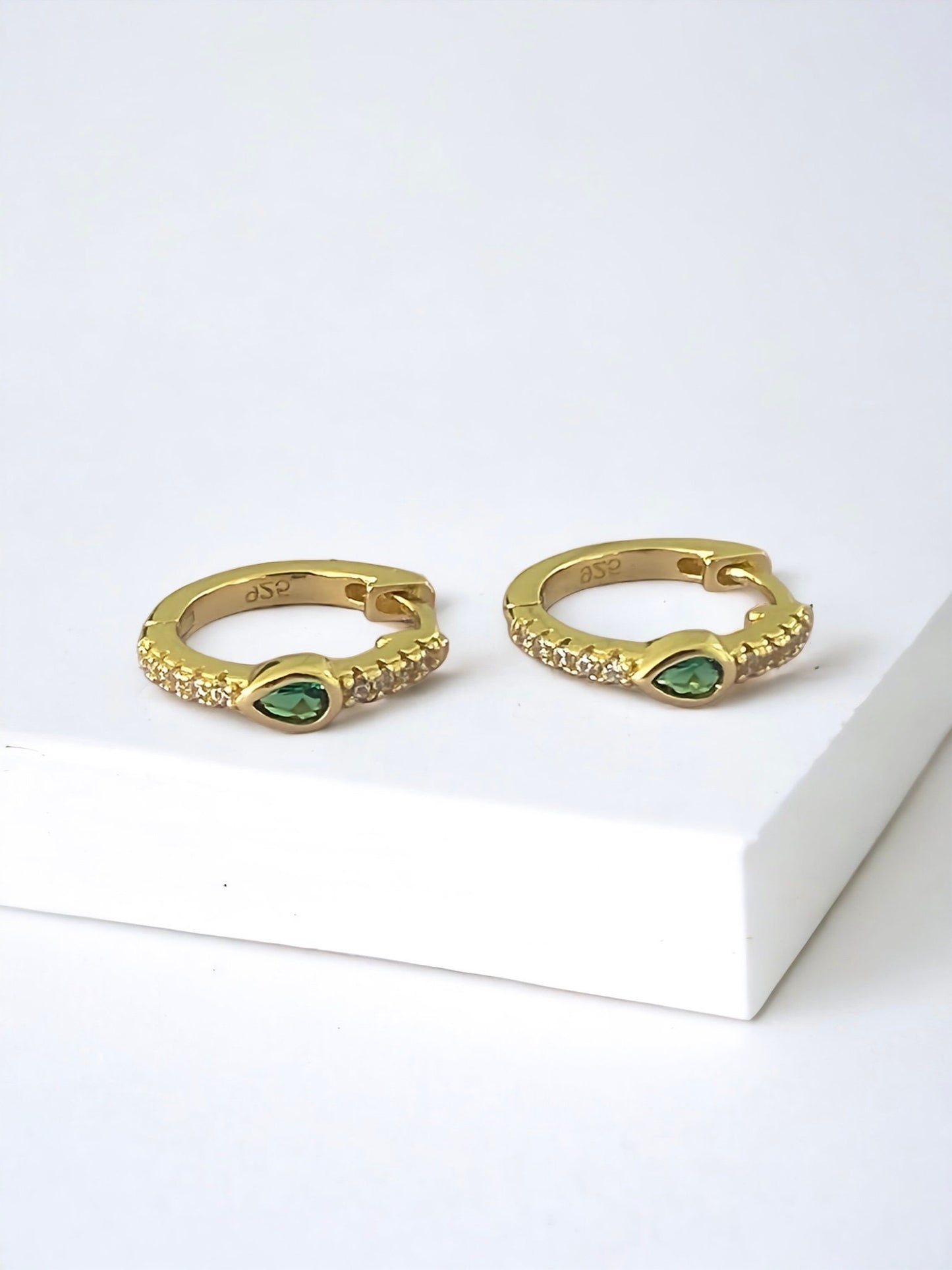 Emerald CZ Huggie Hoop Earrings 14k Gold Plated Sterling Silver - Stacking PAIR