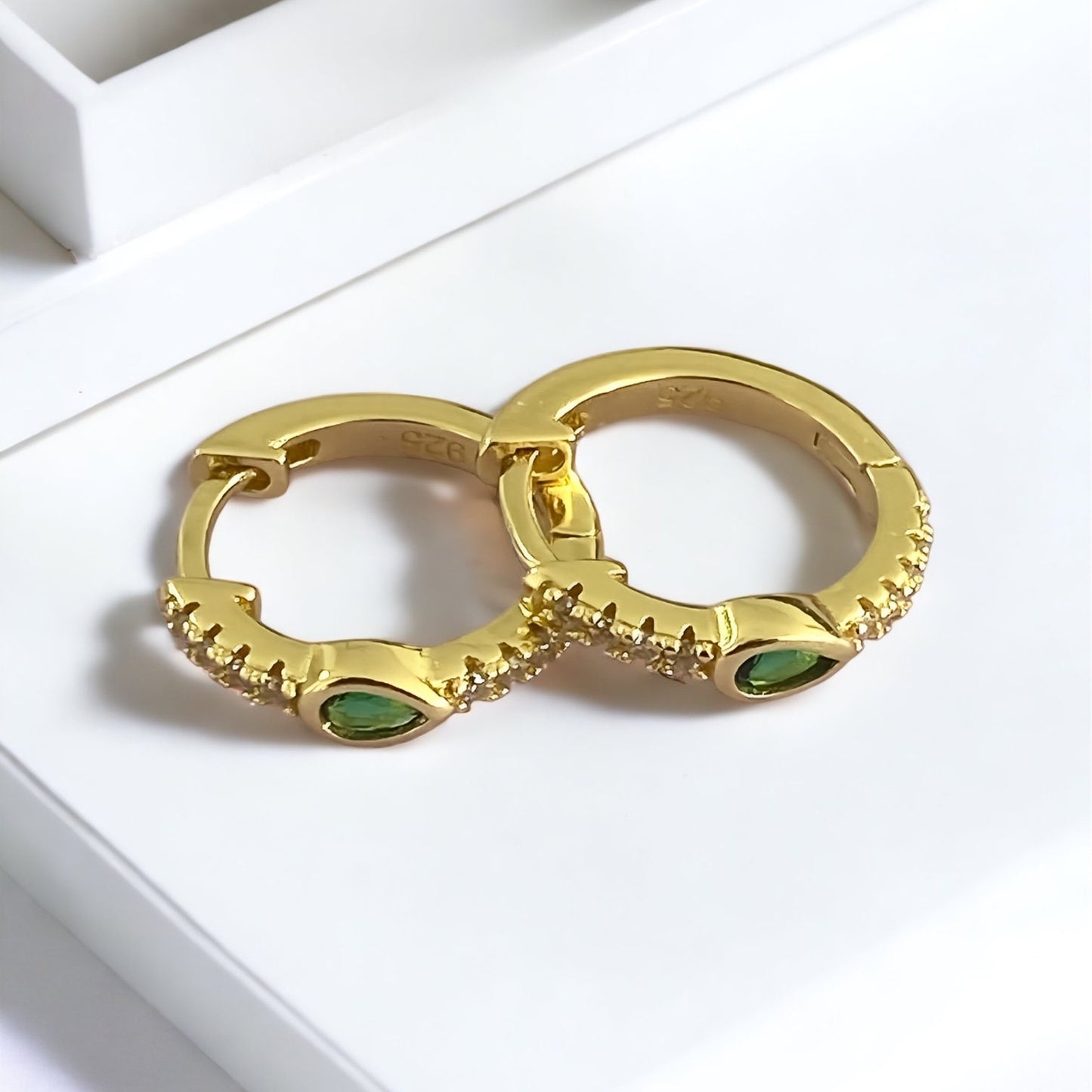 Emerald CZ Huggie Hoop Earrings 14k Gold Plated Sterling Silver - Stacking PAIR