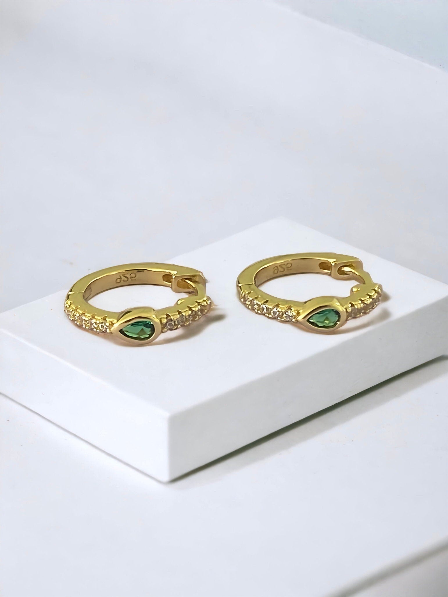 Emerald CZ Huggie Hoop Earrings 14k Gold Plated Sterling Silver - Stacking PAIR