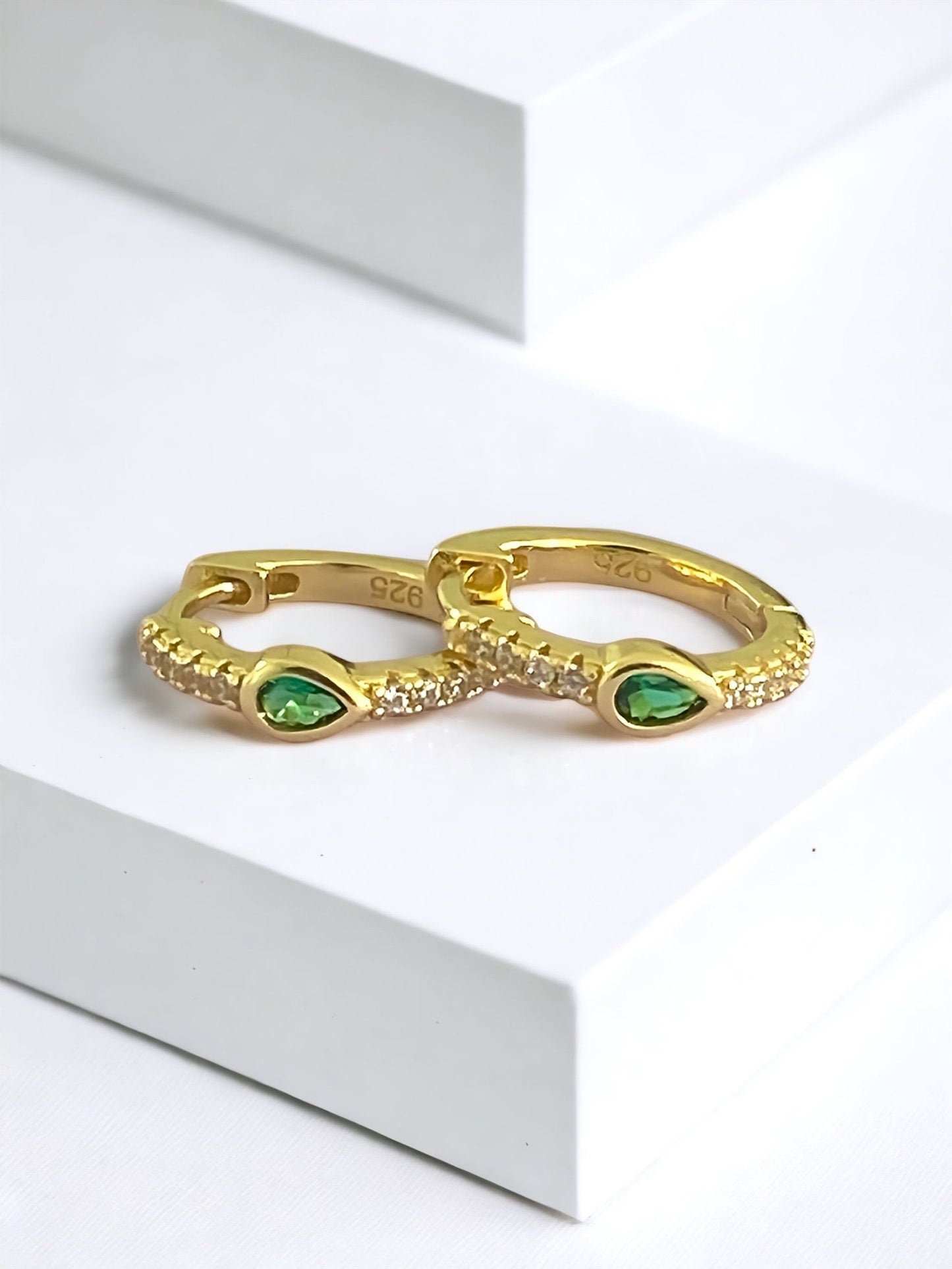 Emerald CZ Huggie Hoop Earrings 14k Gold Plated Sterling Silver - Stacking PAIR