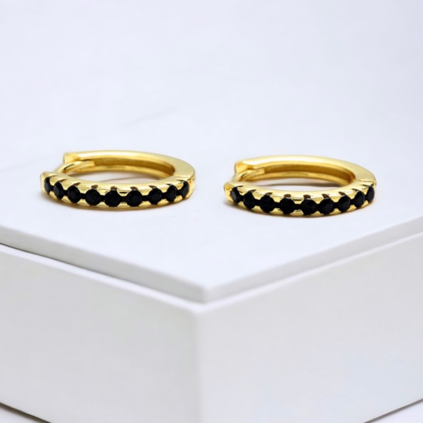 14mm Black CZ Huggies in Gold Plating - Stylish and Elegant Earrings