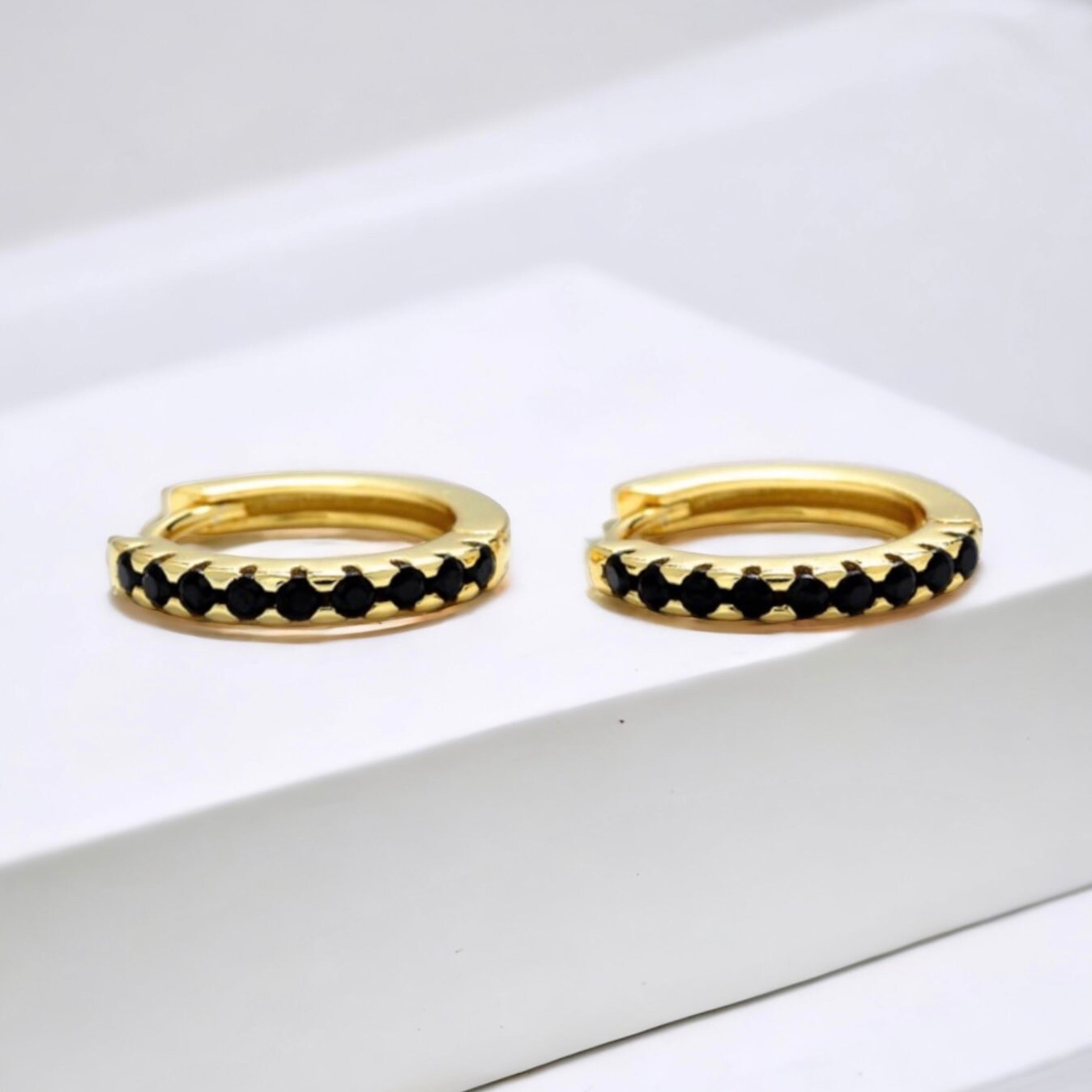 14mm Black CZ Huggies in Gold Plating - Stylish and Elegant Earrings