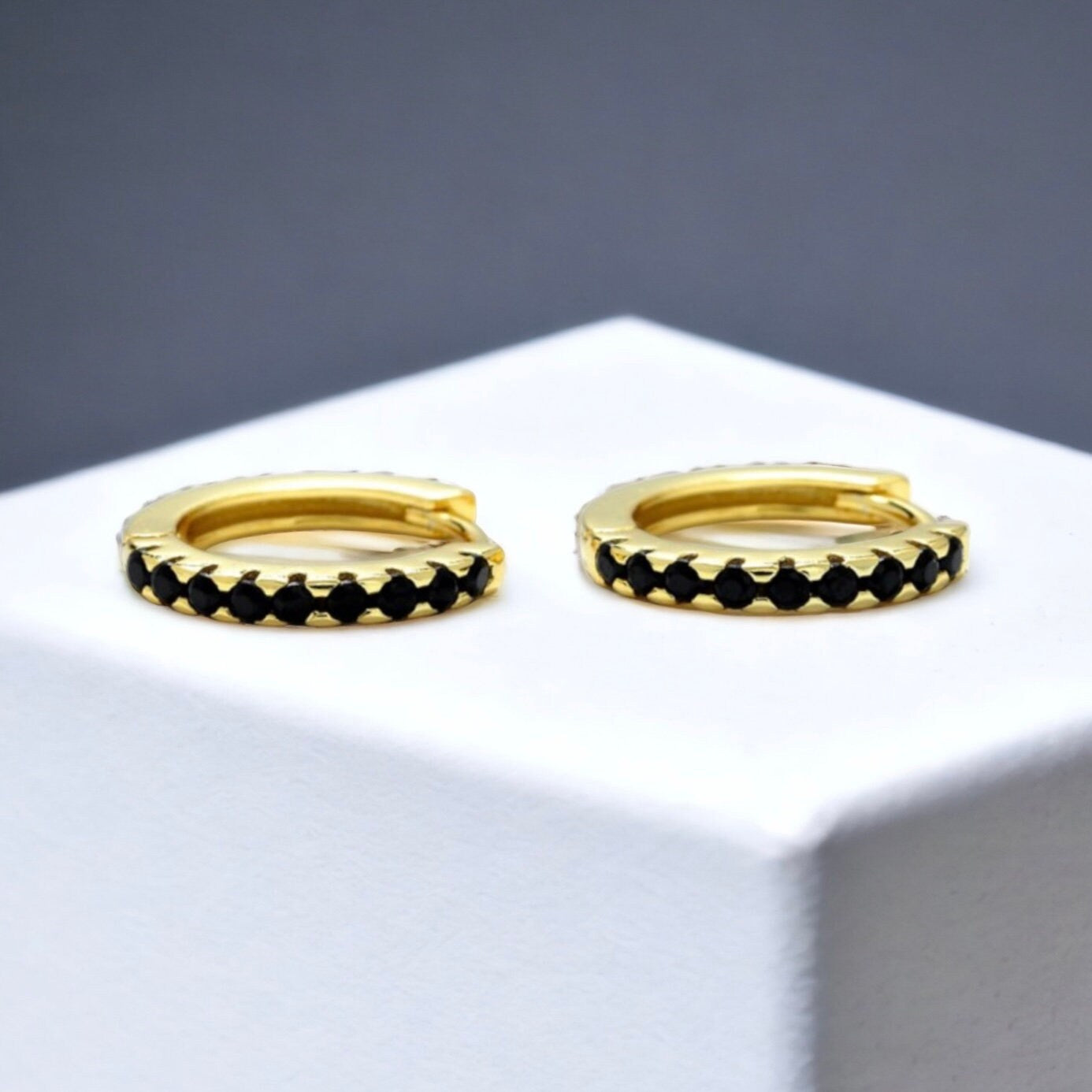 14mm Black CZ Huggies in Gold Plating - Stylish and Elegant Earrings