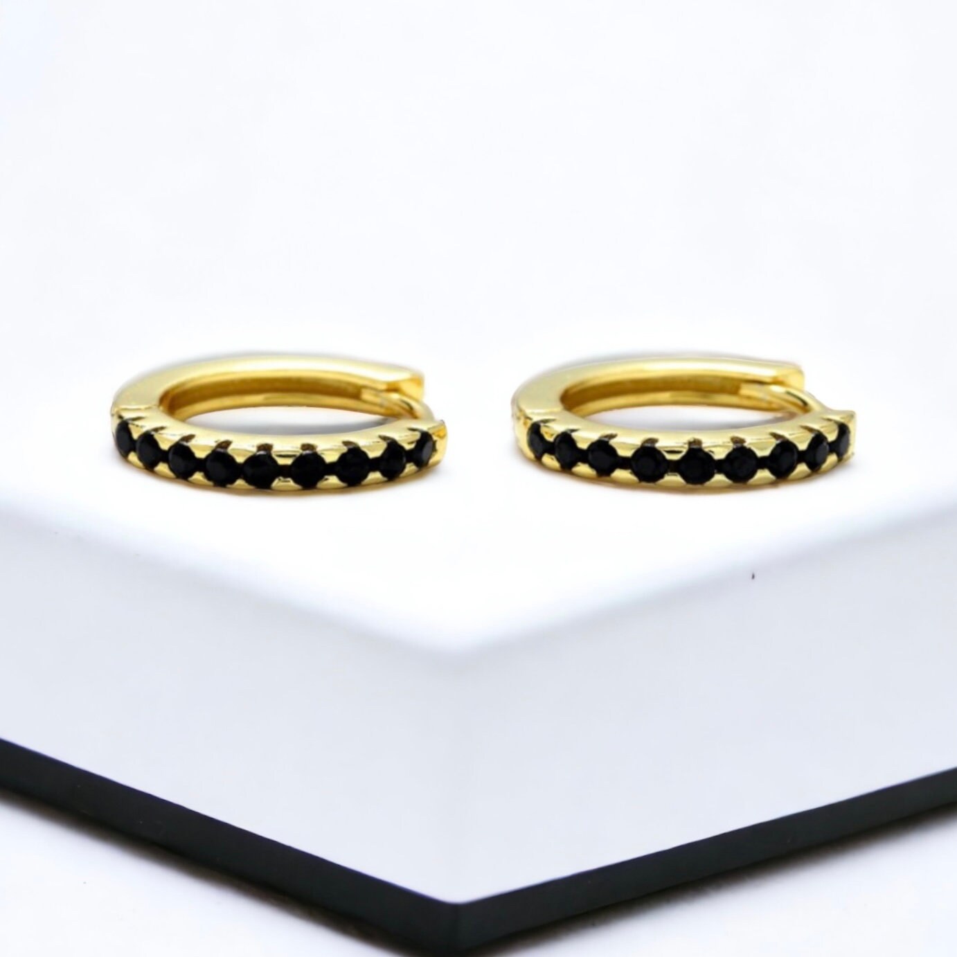 14mm Black CZ Huggies in Gold Plating - Stylish and Elegant Earrings