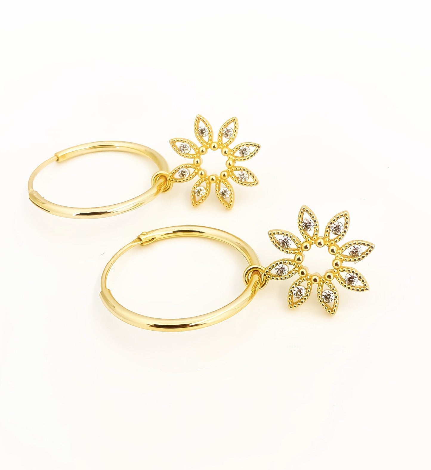 GOLD HOOP EARRINGS / Gold Flower Earrings / Cubic Zirconia Gold Hoop Earrings/Gold Earrings / Earrings With Flowers