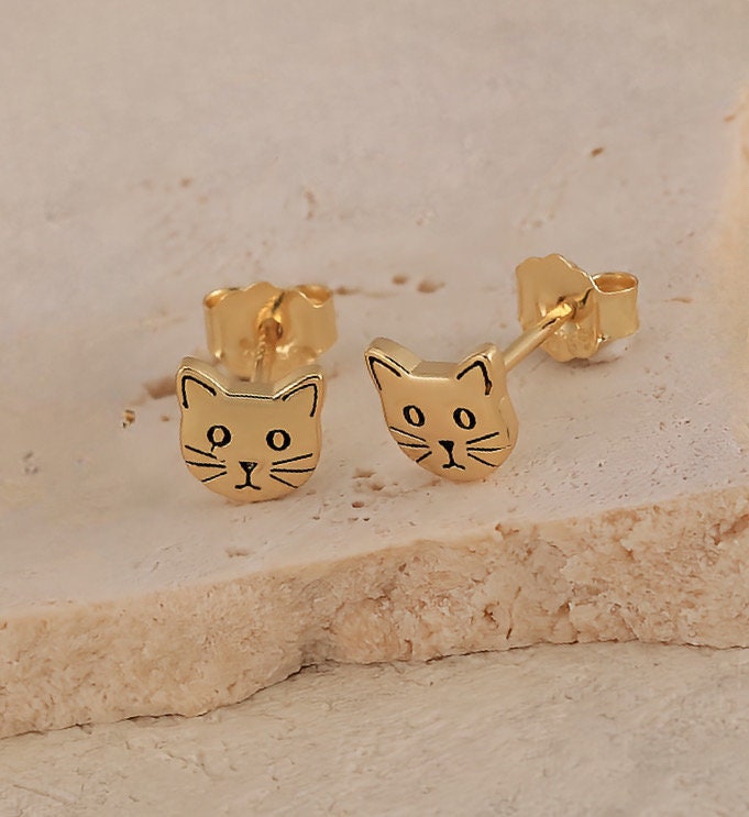 Cat Stud Earrings in Sterling Silver, Gold Cat Earrings, Cute Cat Earrings, Silver Cat Earrings, Nature Inspired Silver Animal Studs