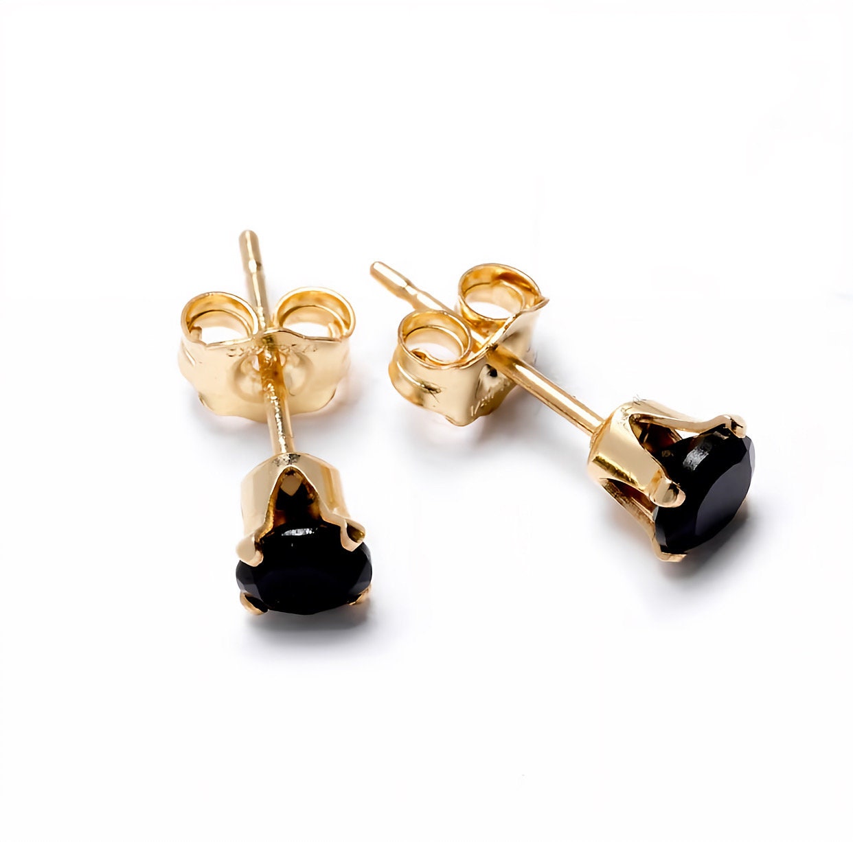 Round Brilliant Cut Black Spinel Gold Stud Earrings, Natural Black Spinel Earrings, Black Spinel Studs, Everyday Earrings, Tiny Earrings