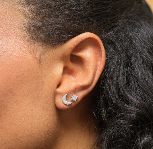 Celestial Moon and Star Stud Earrings with Cubic Zirconia - Available in 4 Finishes