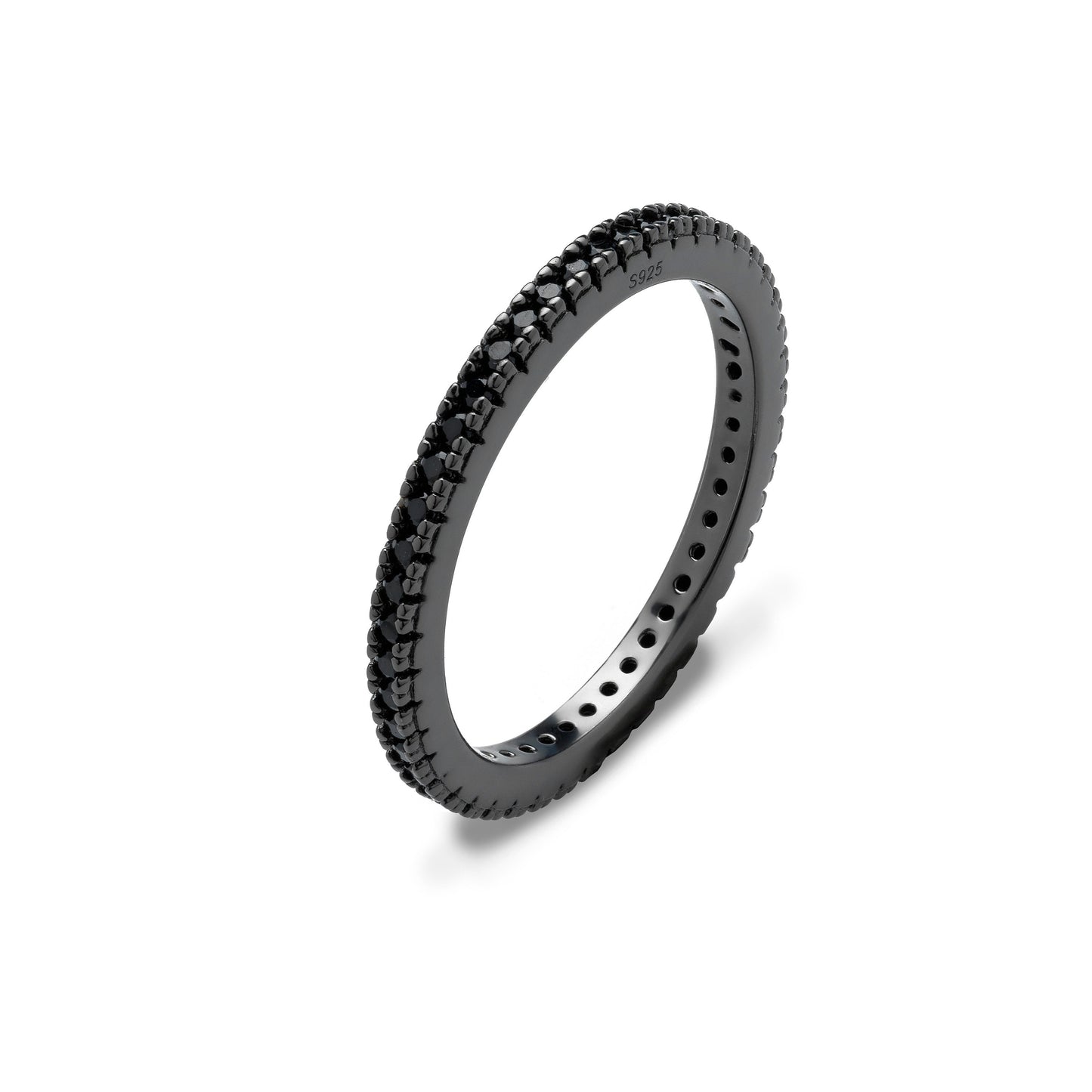 Women Black Eternity Ring, CZ Full Eternity Band Skinny 1.5mm Solid 925 Sterling Silver Stackable Thumb Midi Ring, Thin Engagement Ring Band