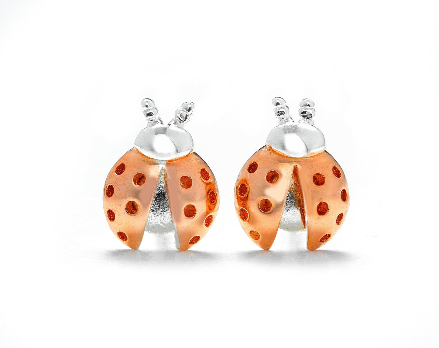 Sterling Silver Ladybird Stud Earrings - Tiny Ladybug Earrings with Rose Gold Plate