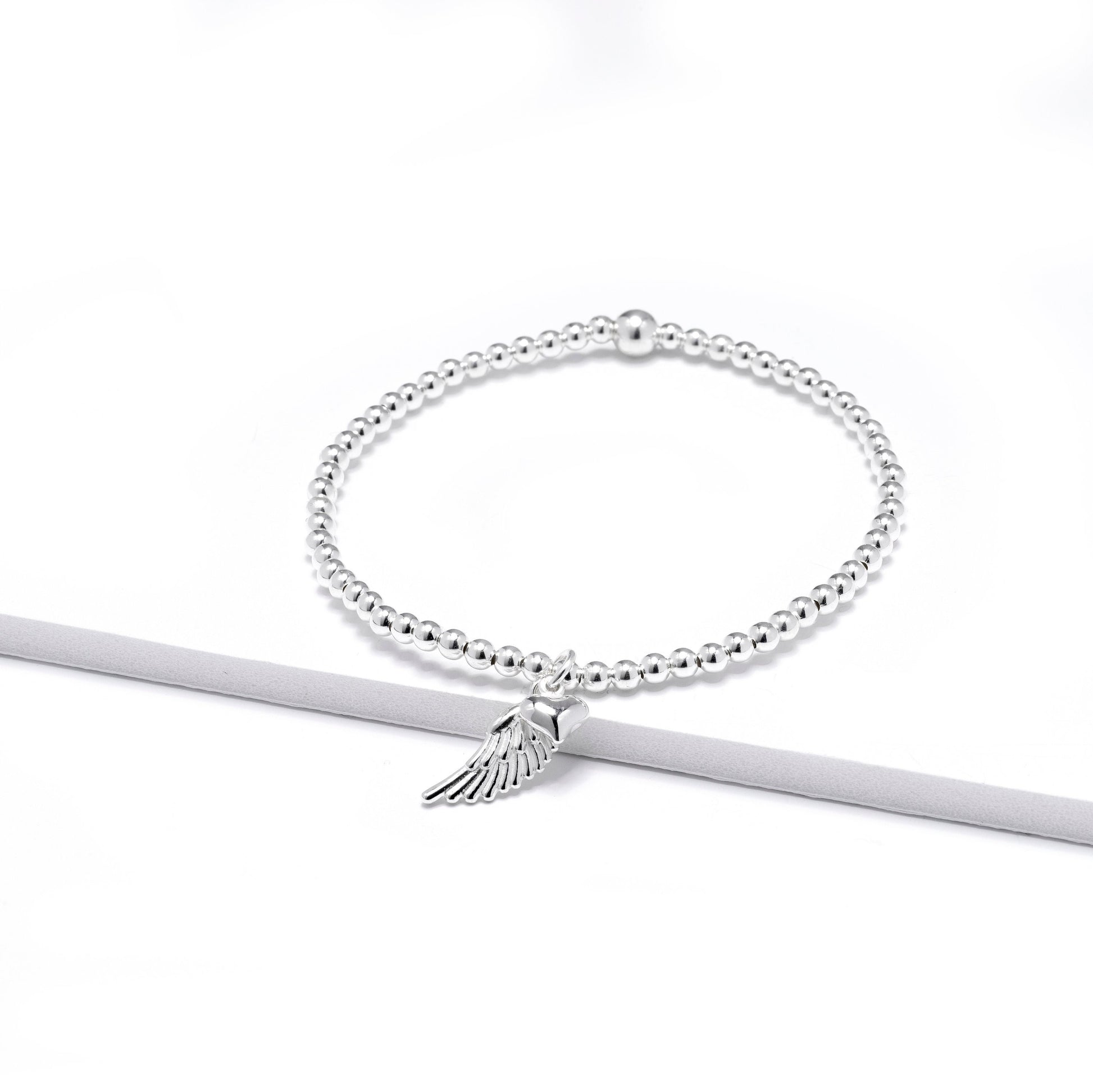 Sterling Silver Angel Wing Bracelet | Elegant Stretch Bracelet for Women | Heart & Feather Charm Gift | Birthdays, Christmas, Sympathy Gift