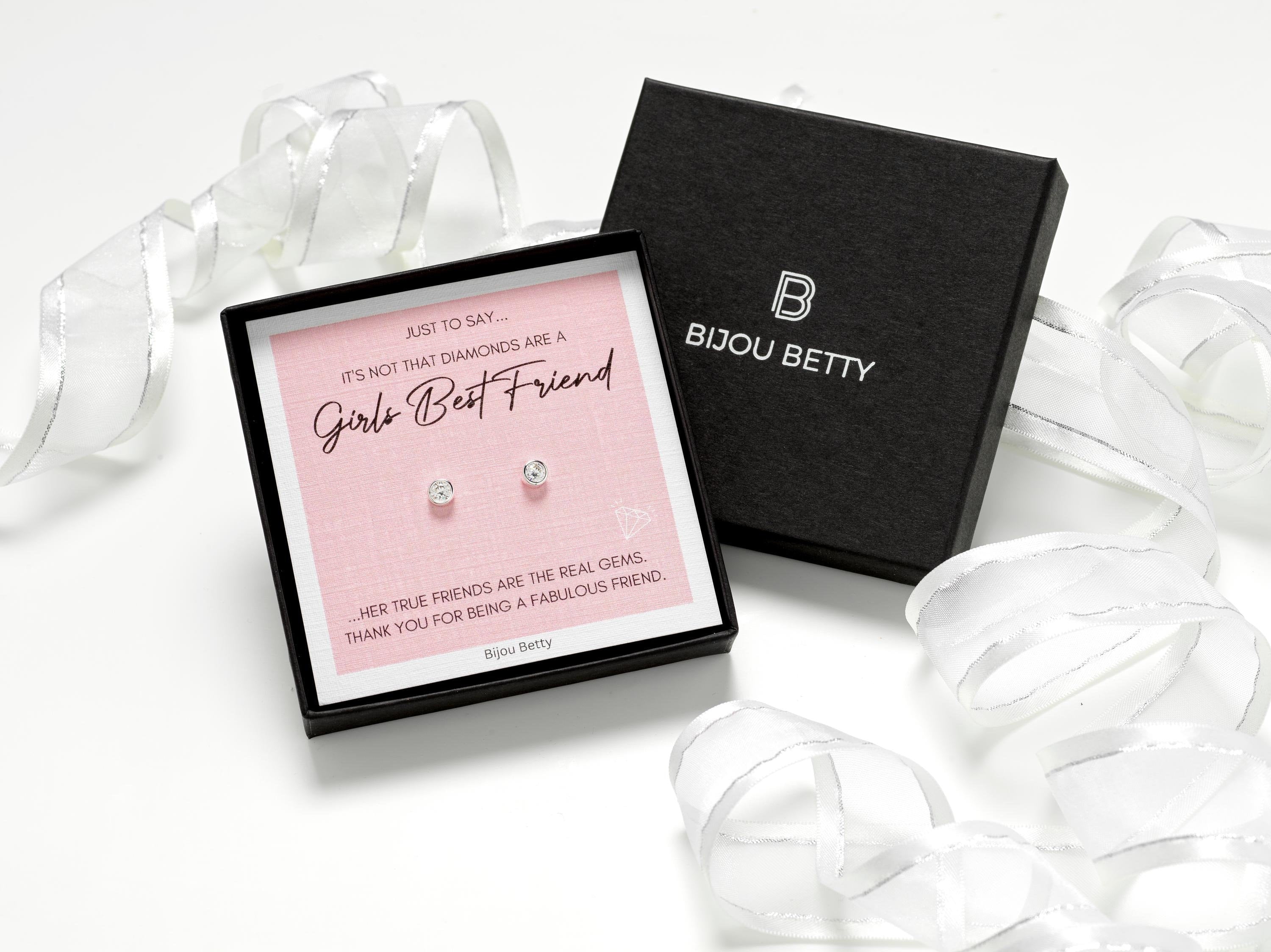 Sterling silver friend earrings with CZ in Bijou Betty gift box.