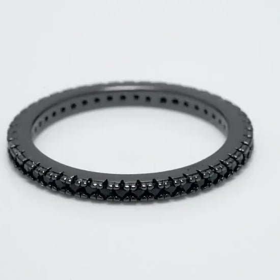 Women Black Eternity Ring, CZ Full Eternity Band Skinny 1.5mm Solid 925 Sterling Silver Stackable Thumb Midi Ring, Thin Engagement Ring Band