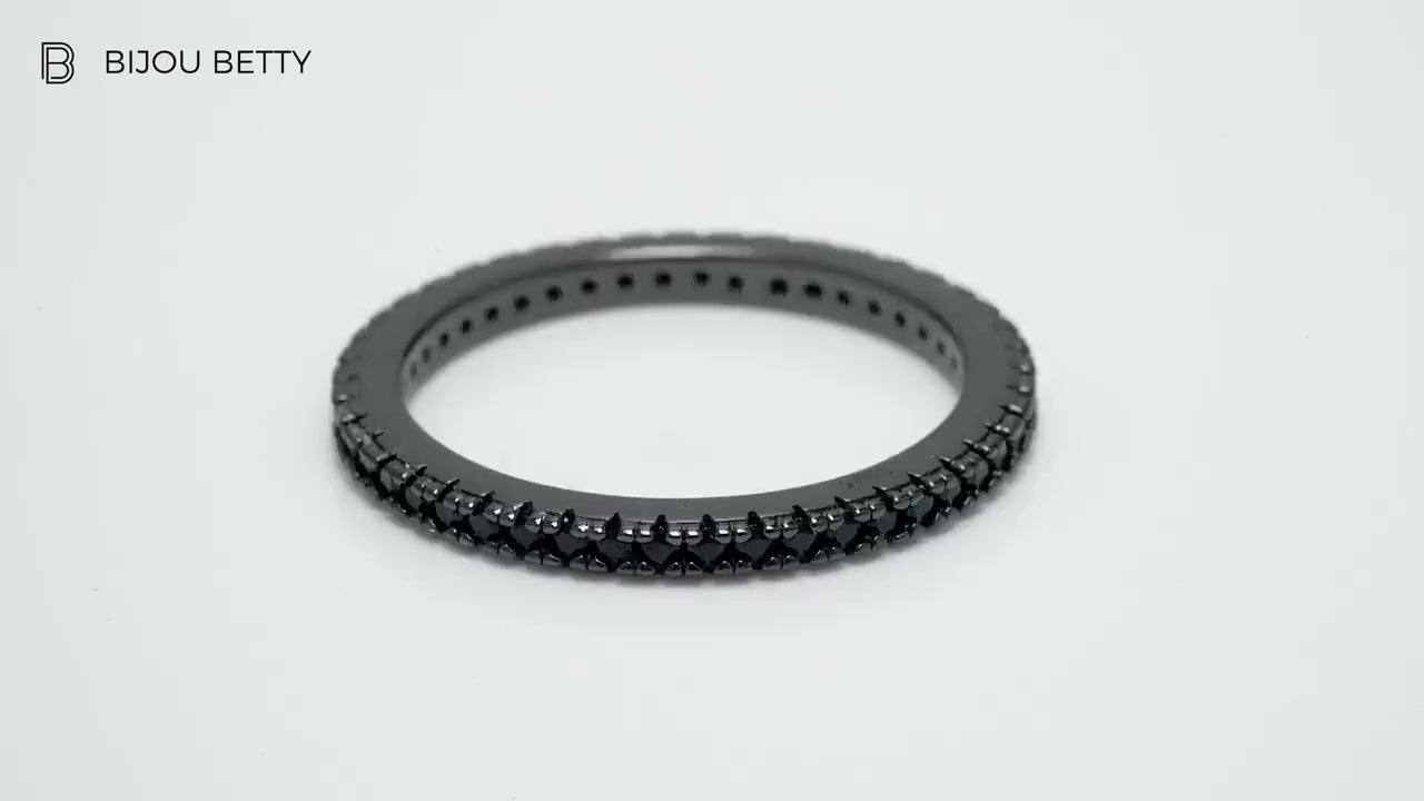 Women Black Eternity Ring, CZ Full Eternity Band Skinny 1.5mm Solid 925 Sterling Silver Stackable Thumb Midi Ring, Thin Engagement Ring Band